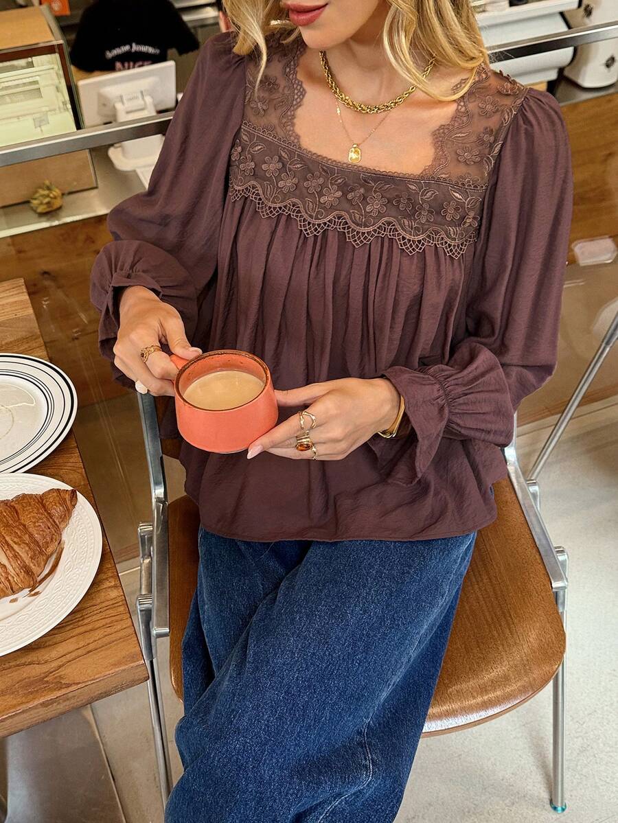 SHEIN Frenchy Áo cánh nâu thời trang nữ, áo cánh ren dài tay thường ngày, áo cánh thanh lịch, áo nữ thanh lịch, áo cánh nữ thanh lịch, đơn giản và sang trọng, thích hợp mặc hàng ngày, đi chơi, đi làm, thu/đông, áo nâu cho nữ, áo kaki, áo nâu cà phê, mọi mùa, lễ tạ ơn cho nữ, áo năm mới, áo thường ngày, áo mùa thu, áo thích hợp cho tiệc tùng, halloween, giáng sinh, sự kiện ngày lễ, áo cánh boho, ngày lễ cho nữ - Rỉ Nâu - Xem 1