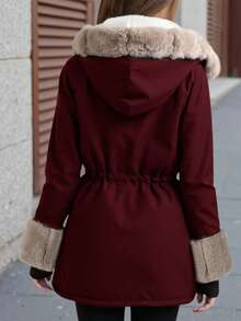 SHEIN 1 件女童蓬松连帽长袖中长外套，舒适简约设计，适合冬季