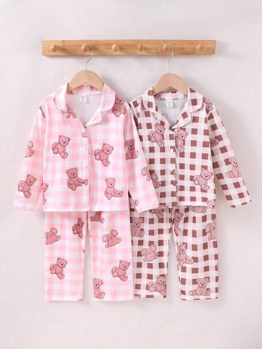 Genkimix Kids 2件套年轻女孩休闲可爱熊印花长袖开衫和裤子家居服套装