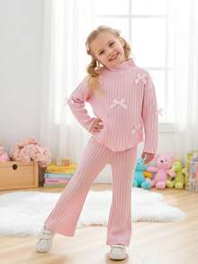 Young Girl Minimalist Cute Versatile Slouchy Turtleneck Bowknot Long Sleeve Top And Straight Leg Pants Set, Autumn/Winter - Baby Pink - View 1