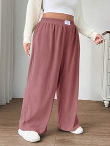 大码女式高腰宽松喇叭裤，灯芯绒面料，带口袋和贴片设计，适合校园、日常穿着、室内工作、秋冬，浅粉色 - 藕粉色 - 查看 5
