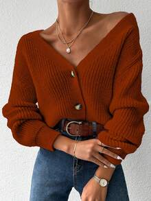 EURMUSE Women's Simple Solid Color Cardigan, Casual For Autumn/Winter - Redwood - View 3