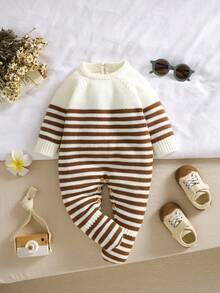 SHEIN 1pc Newborn Striped Crew Neck Long Sleeve Romper, Casual & Minimalist Design - Coffee Brown - View 6