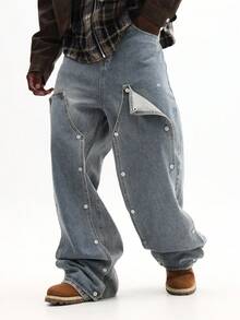 SUMWON Mega pantalones vaqueros de carpintero holgados con detalles de botones a presión y bolsillos utilitarios para uso casual en la calle - Azul - Ver 1