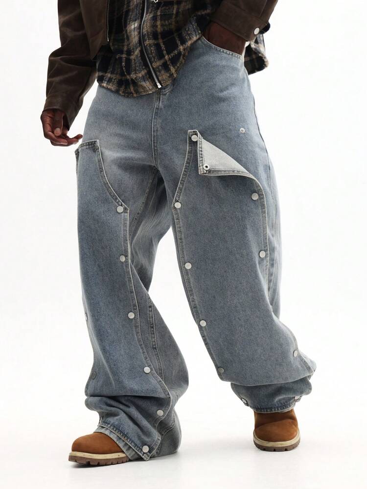 Baggy Carpenter Denim Jeans With Snap Details
