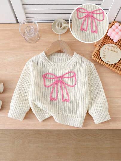 SHEIN 1 st flicktröja, minimalistisk rund halsringning med 3D-rosettdekor, söt och fräsch mjuk stil, mångsidig normal tjocklek, snygg fåll och manschetter, enfärgad ren, vardaglig avslappnad och bekväm, viktig för flickor på hösten/vintern, rosett för babykläder, stickade babykläder för flickor, tröja för flickor, höst, preppy kläder för flickor, vår/höst, fransk stil, tröja för flickor