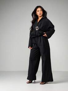 MISSGUIDED Bubble Hem Collared Two Piece Coord Set With Belt Detail Wide Leg Palazzo Pants - Black - View 6