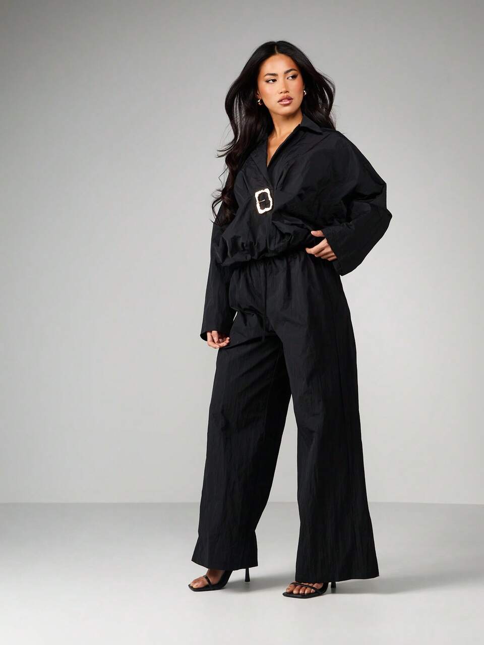MISSGUIDED Bubble Hem Collared Two Piece Coord Set With Belt Detail Wide Leg Palazzo Pants