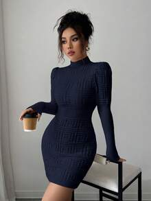 Elenzga Vestido de suéter de mujer con cuello alto, elegante, de Body ceñido y textura acanalada en la cintura - Azul Marino - Ver 8