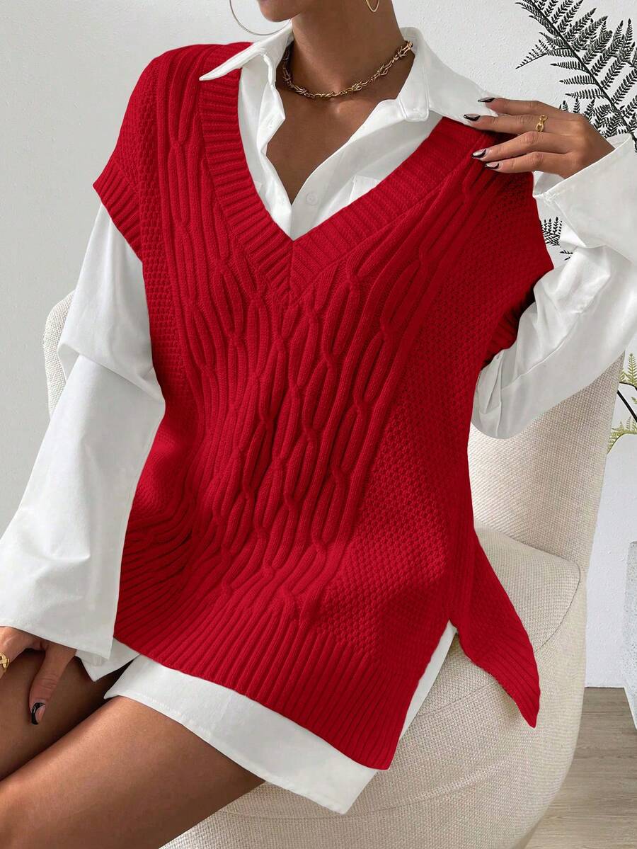 SHEIN Unity 女士休闲V领纯色毛衣背心,秋季款 - 紅色 - 查看 1