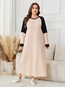 Lacomfia Váy len dệt kim tay raglan phối màu cho nữ, dáng rộng, cổ tròn, cỡ lớn, dài - Bụi hồng - Xem 4