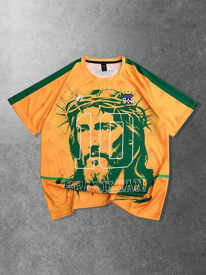 Prep Men's Raglan Sleeve Round Neck Creative Portrait Graphic Versatile Football Print Short Sleeve T-Shirt Jersey