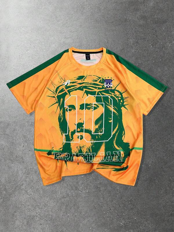 ROMWE MEN Prep Camiseta Masculina de Manga Raglan, Gola Redonda, Casual, Estampa Gráfica Criativa de Retrato, Versátil, Estampa de Futebol de Verão de Manga Curta