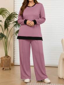 EMERY ROSE Bộ quần áo hoodie và quần nỉ màu xanh tương phản thường ngày cỡ lớn có túi dành cho nữ, mùa thu/đông - Bụi hồng - Xem 4