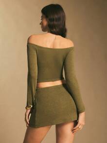 Poéselle Off Shoulder Knit Two Piece Set For Women - Y2K Long Sleeve Crop Top & Drawstring Mini Skirt, Sexy Co-Ord Fall Outfit, Going Out Party Look,Women's Fashionable Sexy Off-Shoulder Top & Pants 2 Pieces Set Sexy Skirt Set Two Piece Set Vacation Outfits Women Off The Shoulder Crop Top Short Skirt Set, Petite Two Piece Set Skirt Two Piece Set Ribbed Two Piece Set - Green - View 4