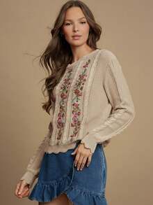 WESTFADE Floral Embroidered Cable Knit Crew Neck Long Sleeve Relaxed Knit Sweater - Apricot - View 5