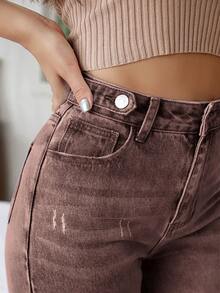 SHEIN Essnce 女式高腰锥形休闲百搭牛仔裤 - 咖啡棕 - 查看 6