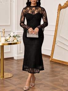 SHEIN Lady 女式优雅撞色蕾丝鱼尾下摆喇叭袖中长连衣裙，秋季 - 黑色 - 查看 4