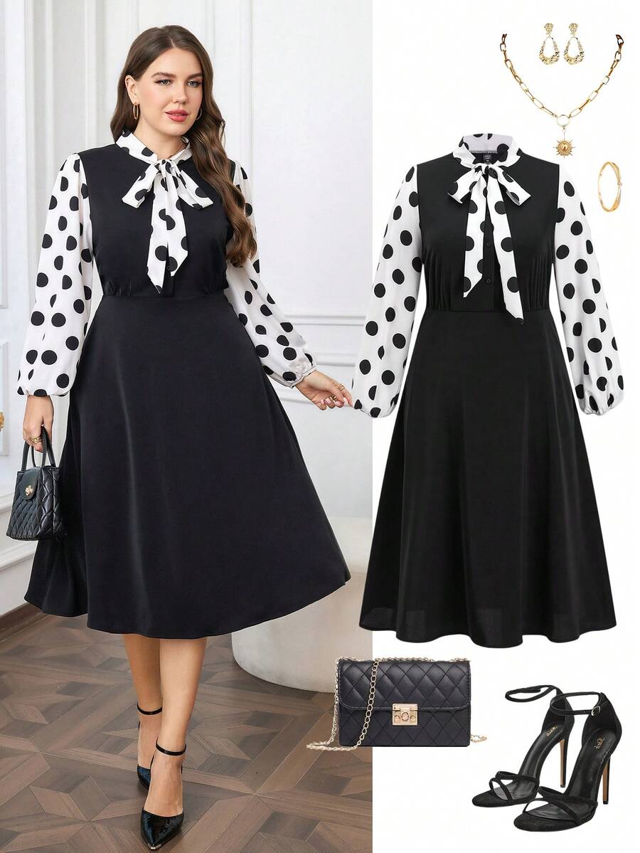 Ellevyn 大码黑色豹纹拼布连衣裙，优雅日常穿着，秋冬