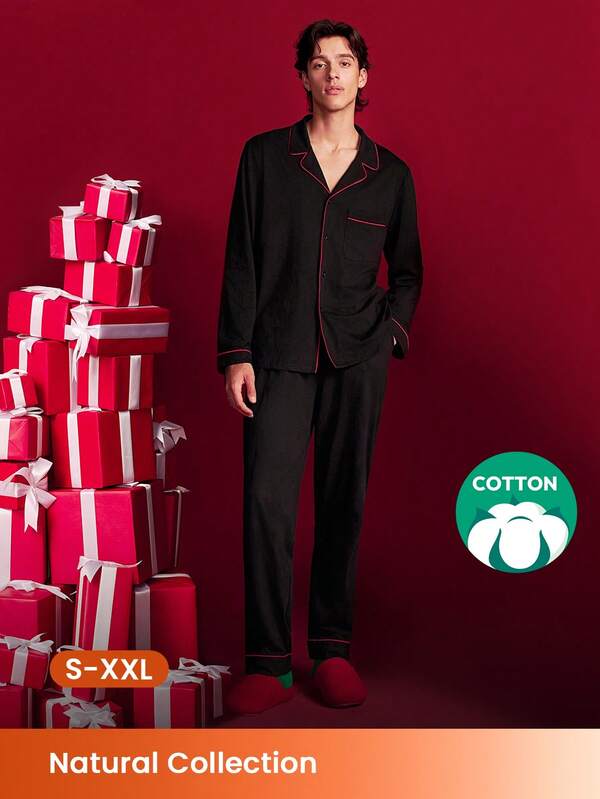 LUVLETTE Autumn And Winter Soft 100% Pure Cotton Basic Black Long Button-Up Top & Pants Pajama Sets For Men Lounge Sets For Men Pants With Pockets Fall Pajamas