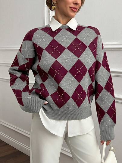 SHEIN Damen Spezial Strickpullover mit Rautenmuster in Oversized