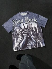 PAVTROS Manfinity Streetrush Men's Full Print Round Neck Short Sleeve T-Shirt, Creative Pattern Casual Top