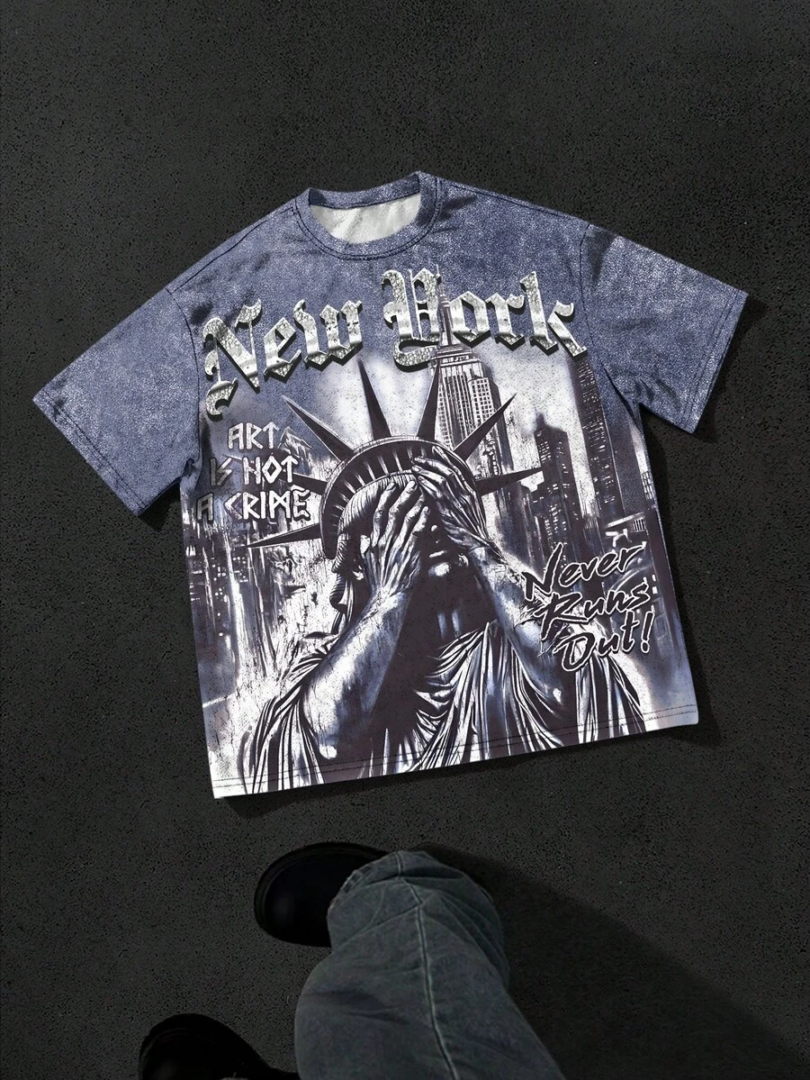 PAVTROS Manfinity Streetrush Men's Full Print Round Neck Short Sleeve T-Shirt, Creative Pattern Casual Top