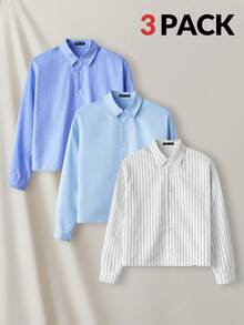 Manfinity VCAY 3pcs/Set Men's Woven Fashion Casual Striped Pocket Long Sleeve Shirts - Multicolor - View 1