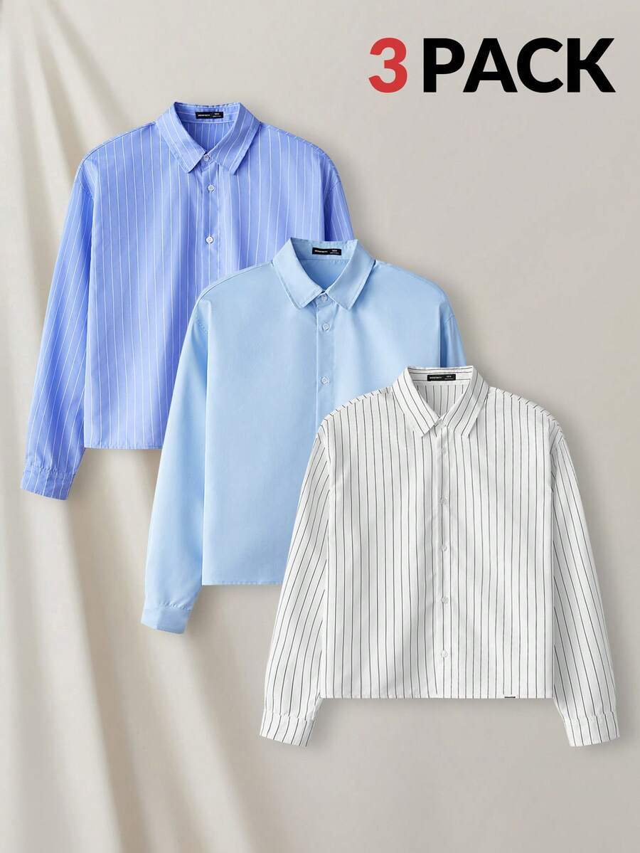 Manfinity VCAY 3pcs/Set Men's Woven Fashion Casual Striped Pocket Long Sleeve Shirts - Multicolor - View 1