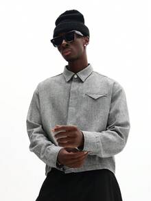 SUMWON Boxy Fit Long Sleeve Textured Overshirt With Chest Pocket Detail Button Front Casual Shirt Plain - Black and White - View 6