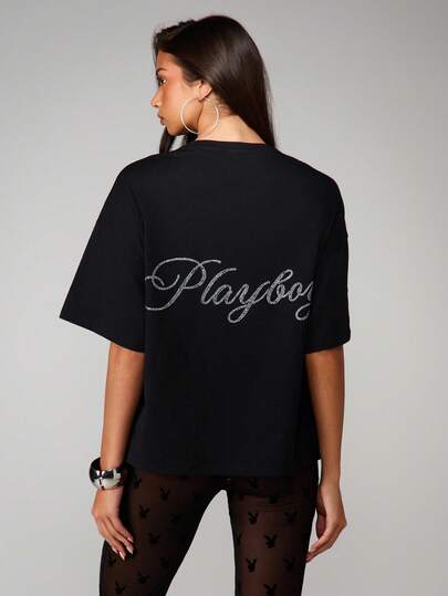 Missguided x Playboy Oversized Diamante Crystal Embellished Logo T-Shirt With Crew Neck Short Sleeves For Casual Weekend Streetwear