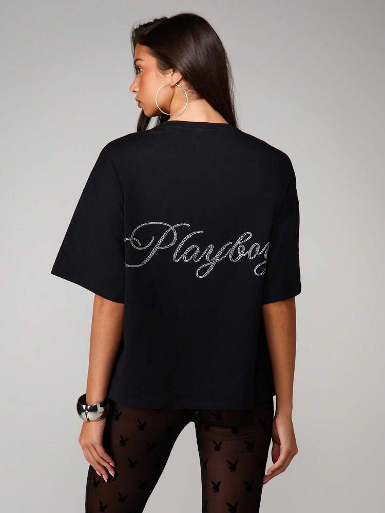Missguided x Playboy Oversized Diamante Crystal Embellished Logo T-Shirt With Crew Neck Short Sleeves For Casual Weekend Streetwear