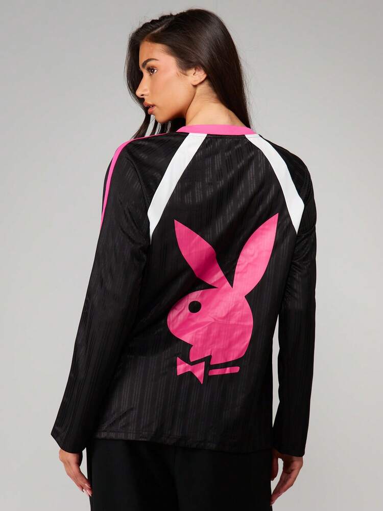 Missguided x Playboy Satin Stripe Panelled Football Jersey T-Shirt With Bunny Logo And Number 53 Print