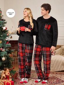 Lazeform Damen Karomuster Taschen Langarm Top & Lange Hose Kuschelige Flauschige Pyjama Kleidung Set, Herbst/Winter Damen Loungewear Sets Karierte Flauschige Pyjamas Damen, Weihnachten - Schwarz - Übersicht 9