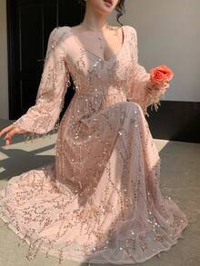 DAZY 女士优雅亮片灯笼袖连衣裙，秋季婚礼宾客礼服吊带裙 - 杏色 - 查看 4