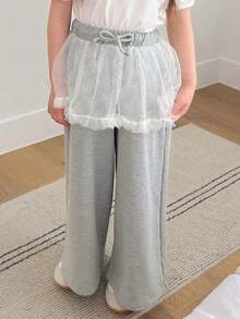 Dazy Kids 年轻女孩抽绳腰部撞色网眼荷叶边下摆宽松裤，女孩夏季服装 - 灰色 - 查看 3