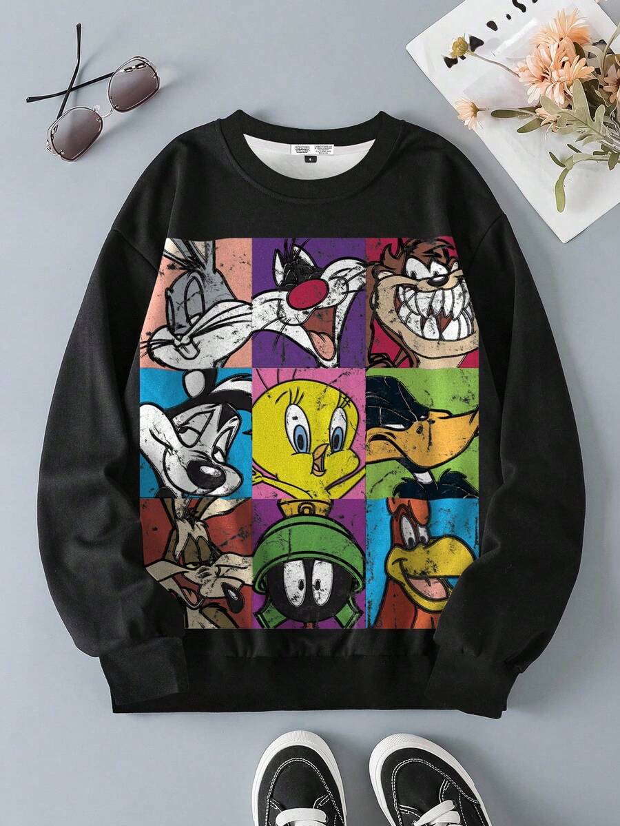 LOONEY TUNES X SHEIN 女式卡通图案圆领长袖套头衫 - 白色 - 查看 1