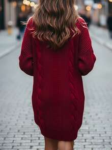 EMERY ROSE Đầm len dệt kim ngắn cổ cao tay dài đơn giản cho nữ, mặc thường ngày - Màu Đỏ Sâu - Xem 2