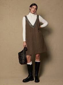 Freevana Plus Size Elegant Sleeveless Dress, Women Autumn/Winter Dress - Brown - View 3