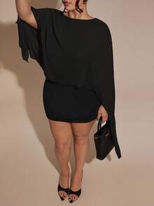 SHEIN BAE Plus Size Women's Black V-Neck Fitted Elegant Mini Dress,Autumn Formal Evening Night Out Club,Christmas Party Wedding Birthday Birthday Curve Dresses - Black - View 1