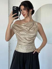 Firerie 女士新款优雅简约日常派对修身上衣，金色涂层无袖褶裥肩部修身女士新款上衣，秋冬女士度假外出衬衫上衣 - 金色 - 查看 5