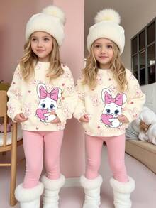 适合女孩的舒适秋冬款式 - 粉色猫咪印花圆领卫衣和打底裤两件套 - 彩色 - 查看 3