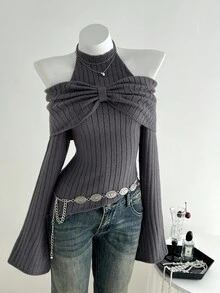 Elamini 1pc Women's Charcoal Gray Personalized Delicate Halter Tie Bow Design Cold-Shoulder Asymmetric Hem Elastic Knit Casual Sweater, Autumn/Winter