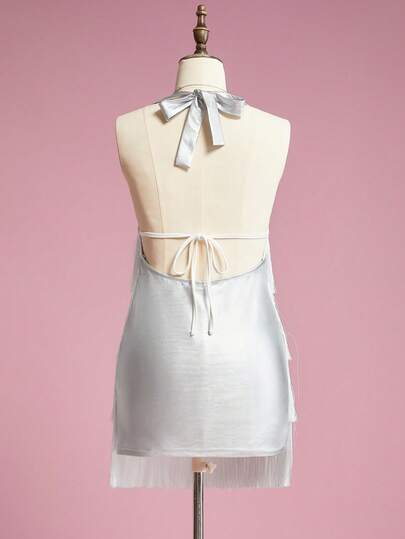 ROMWE Avant Women's Y2K Sexy Party Sequin Patchwork Halter Multilayer Tassel Hem Silver Mini Dress
