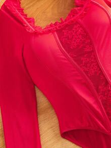 FairyFlirt Body-uri sexy cu mânecă lungă și model patchwork din dantelă, culoare uni, pentru femei, de Crăciun