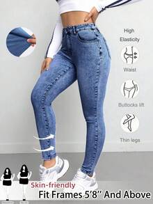 SHEIN Tall CURVE 大码女式蓝色牛仔弹力紧身裤 - 深色水洗藍 - 查看 1