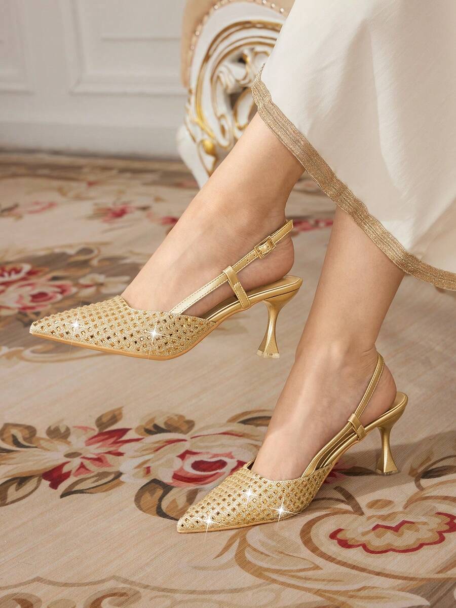 CUCCOO TILAWA Rhinestone Embellished Women's High Heel Pumps, Comfortable For Commuting For Christmas - Gold - View 1