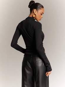 Hauture Women's High Neck Casual Long Sleeves Top With Ruched Detail At Waist - Black - View 2