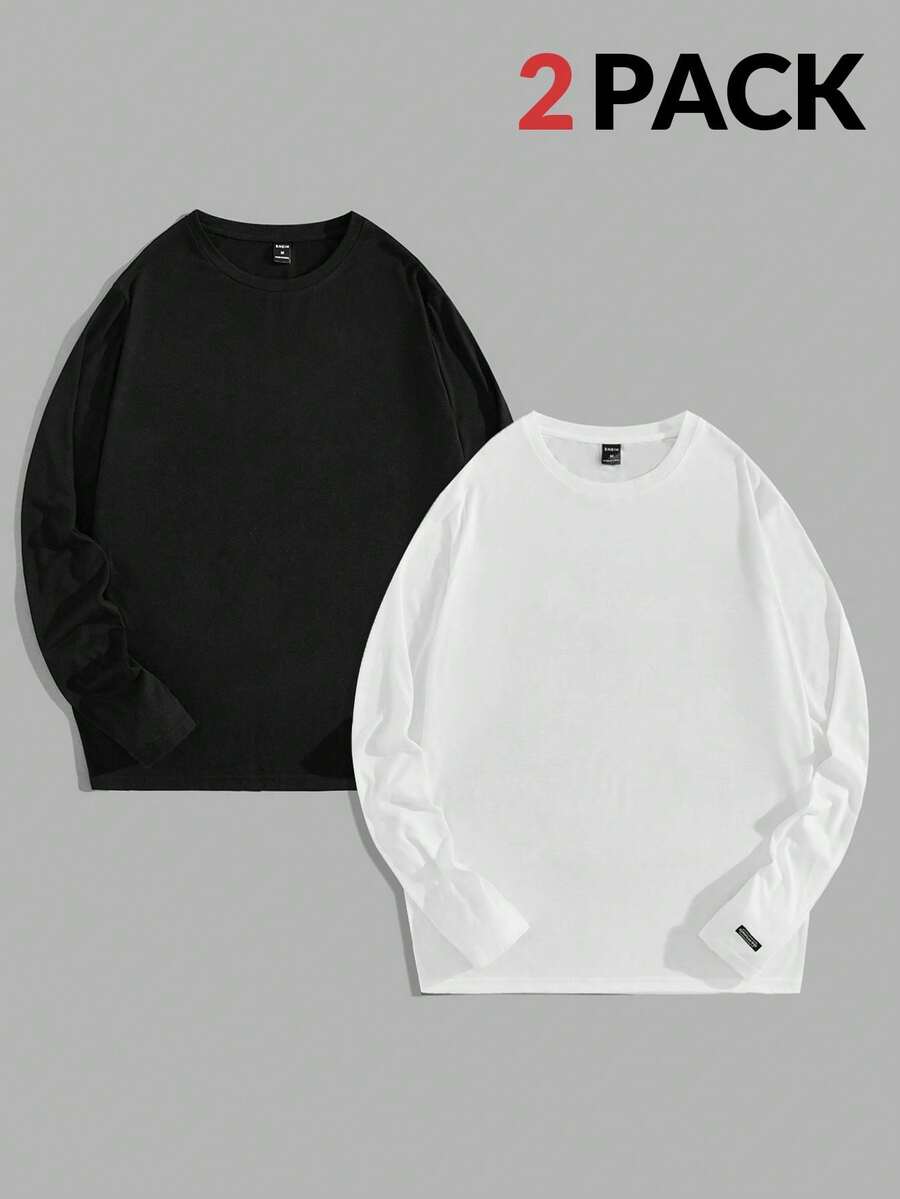 Manfinity VCAY Men's Solid Color Minimalist Casual Crew Neck Long Sleeve Knit T-Shirt, Couple Things - Black and White - View 1