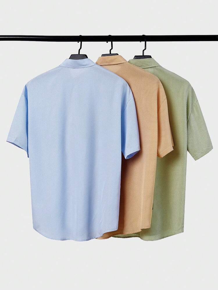 Men Summer 3-Piece Woven Casual Loose Fitting Plaid Short Sleeve Shirt